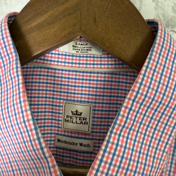 Peter Millar Weekender Wash Red & Blue Plaid Casual Button Up Shirt Mens Large - Picture 3 of 7